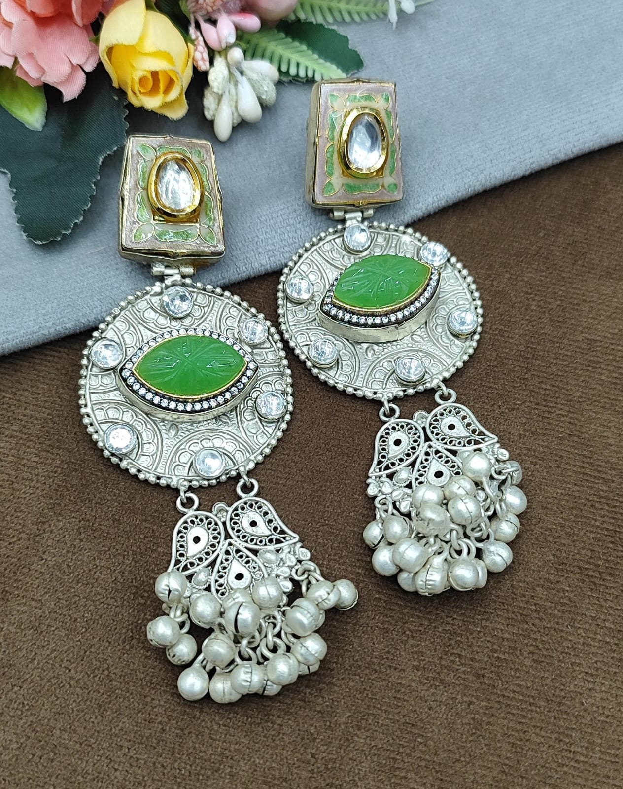 Silver Round Earrings with Green Stone, Kundan Work & Pearl Drops