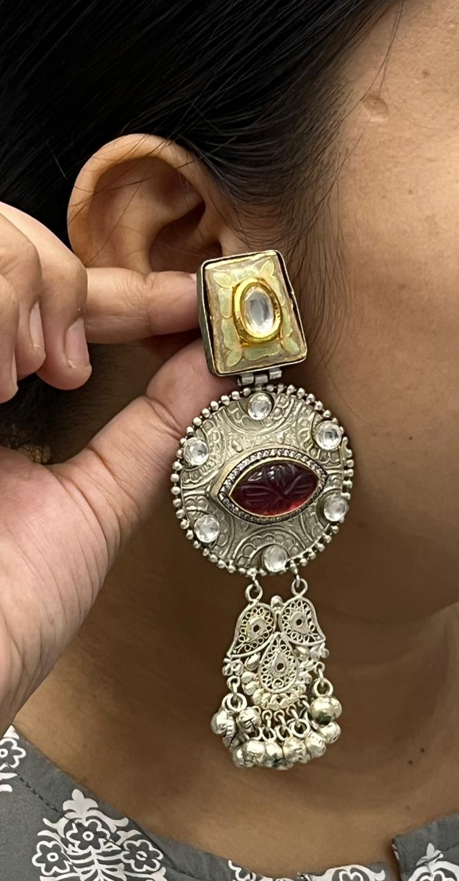 Silver Round Earrings with Red Stone, Kundan Work & Pearl Drops