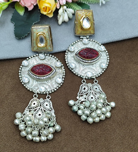 Silver Round Earrings with Red Stone, Kundan Work & Pearl Drops