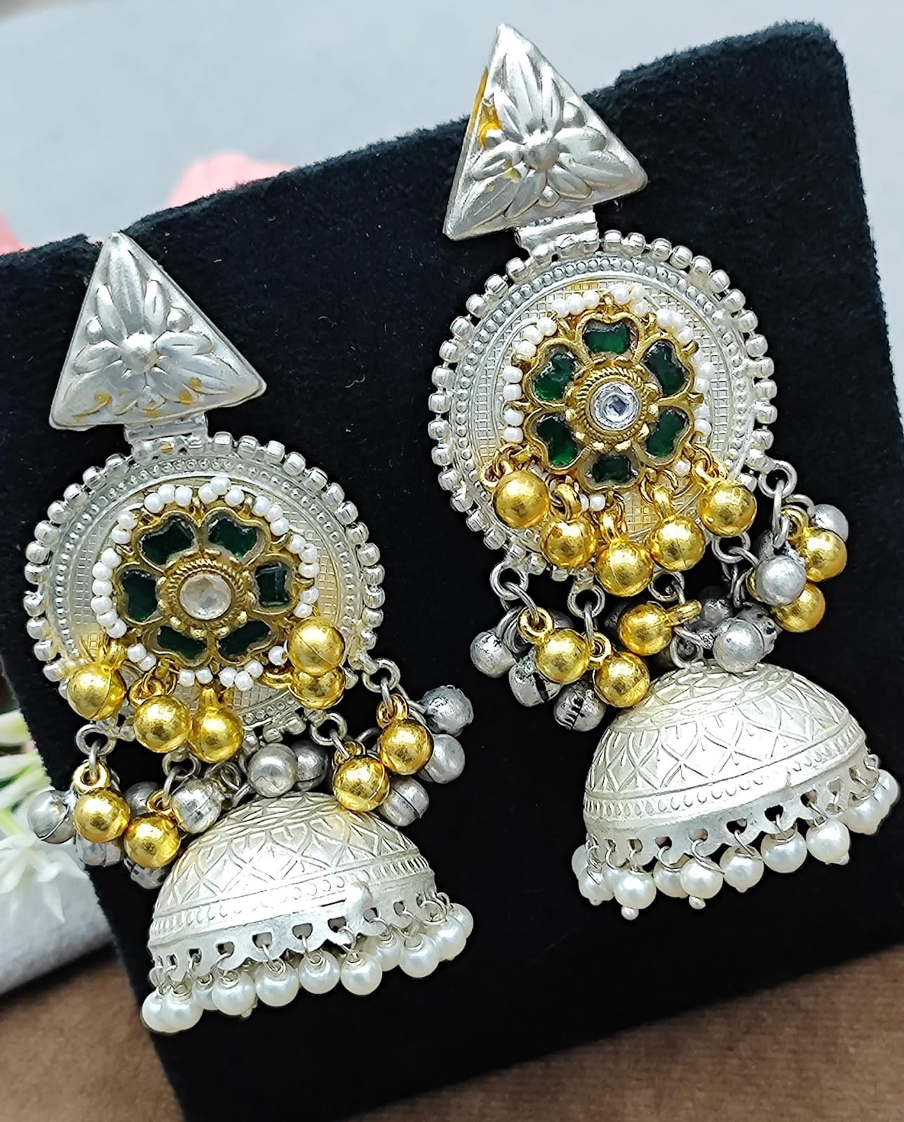 Oxidized Silver Earrings with Green & Golden Beads & Pearl Drops