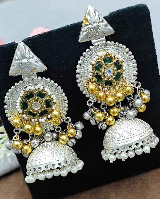 Oxidized Silver Earrings with Green & Golden Beads & Pearl Drops