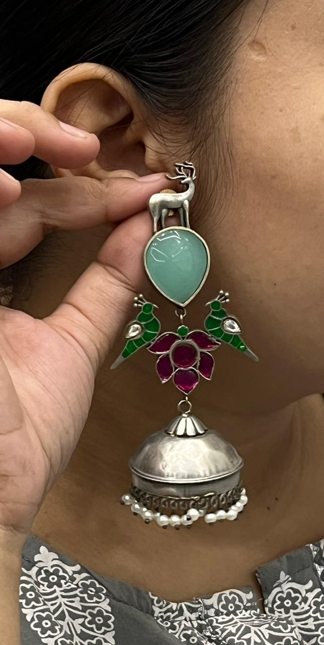 Oxidized Silver Jhumka Earrings with Colorful Enamel Design