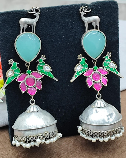 Oxidized Silver Jhumka Earrings with Colorful Enamel Design