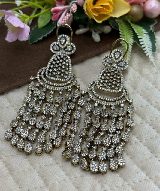 Gold Plated Tassel Drop Earrings with CZ Stone