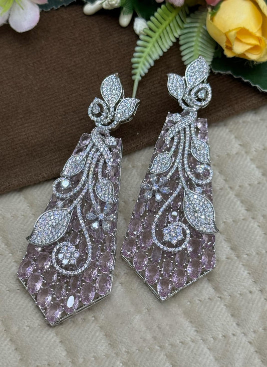 Floral Leaf Pink Statement Earrings with CZ Stone For Women
