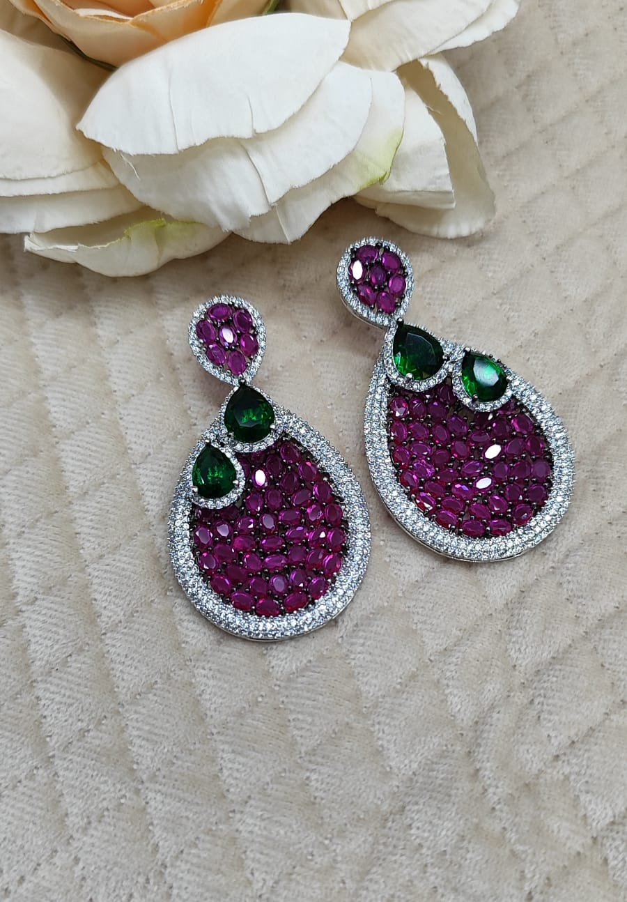 Elegant Teardrop Earrings with Pink & Emerald Stones