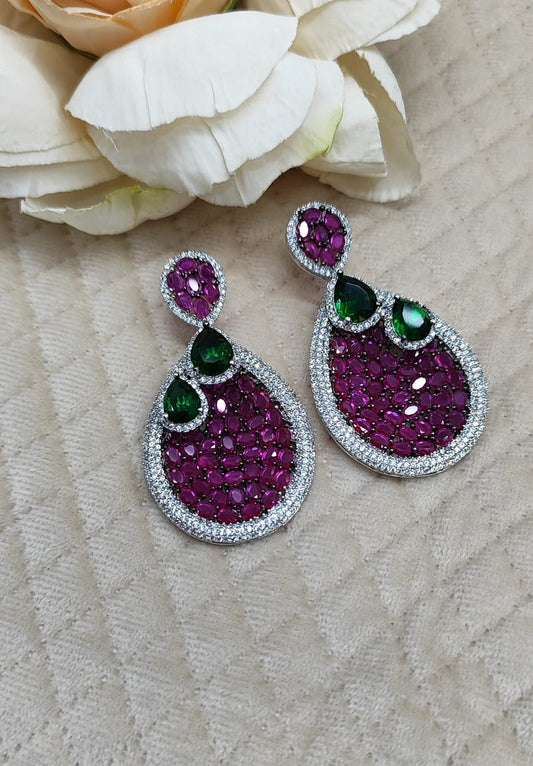 Elegant Teardrop Earrings with Pink & Emerald Stones