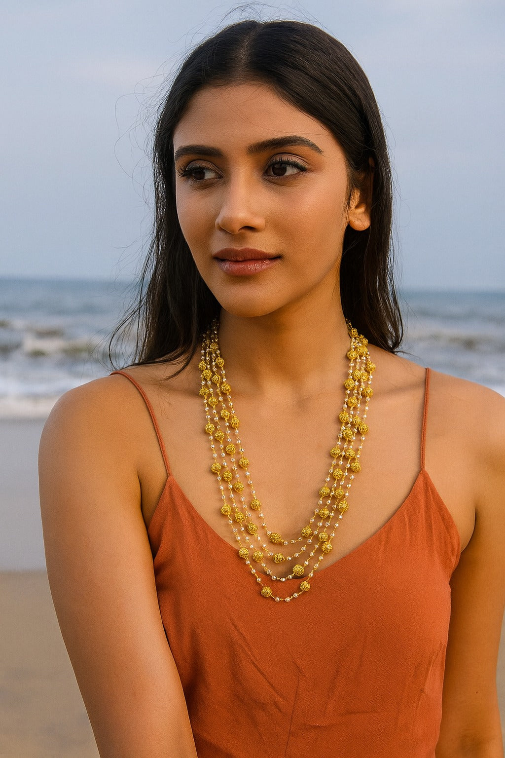 Ethnic Long Mala With Multi layer And Gold Beaded Ball For Women