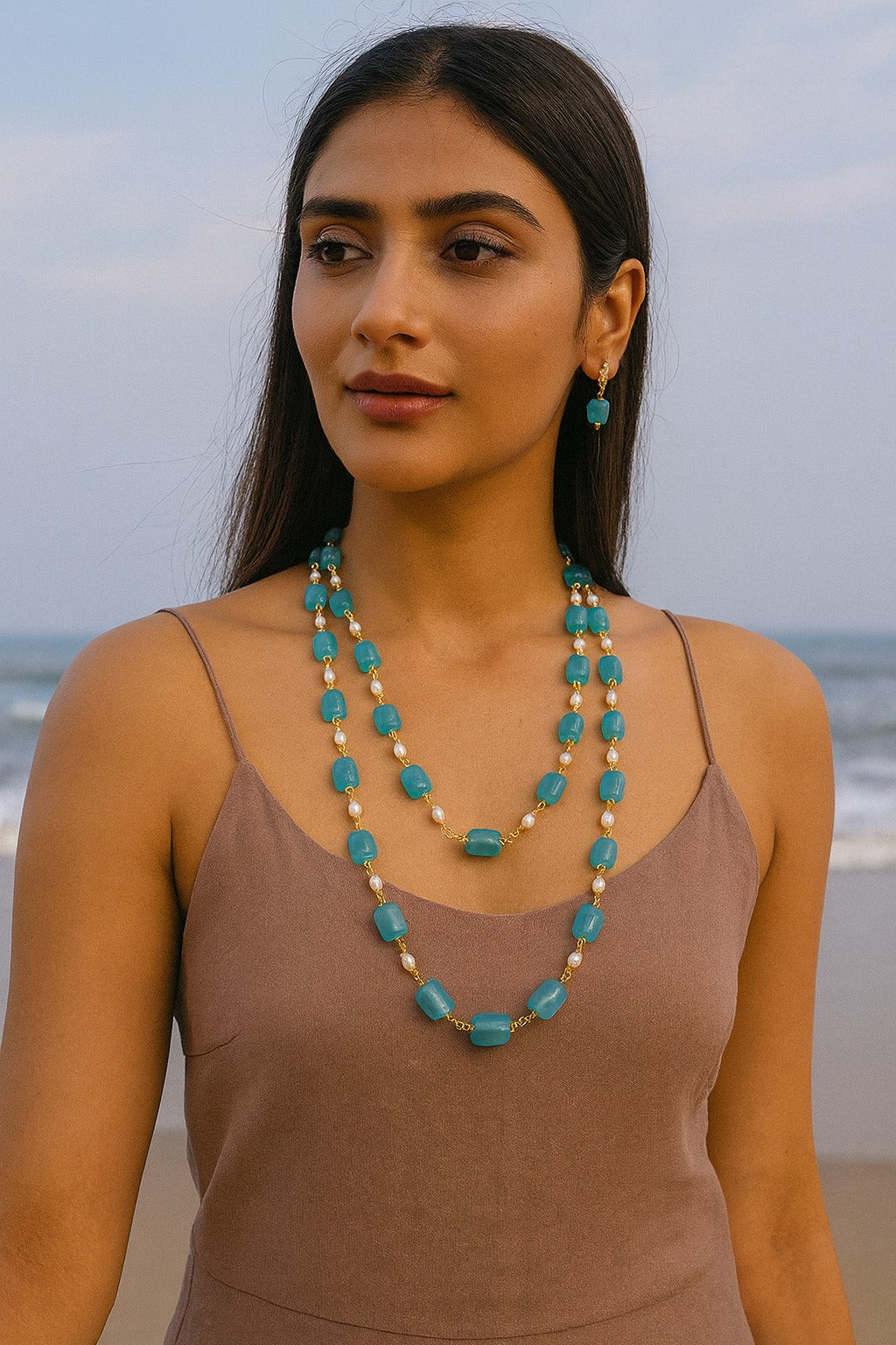 Ethnic Double Layer Blue Stone Beaded Mala with Earrings For Women