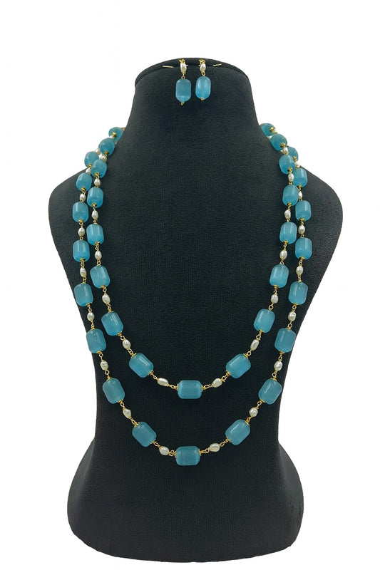 Ethnic Double Layer Blue Stone Beaded Mala with Earrings For Women