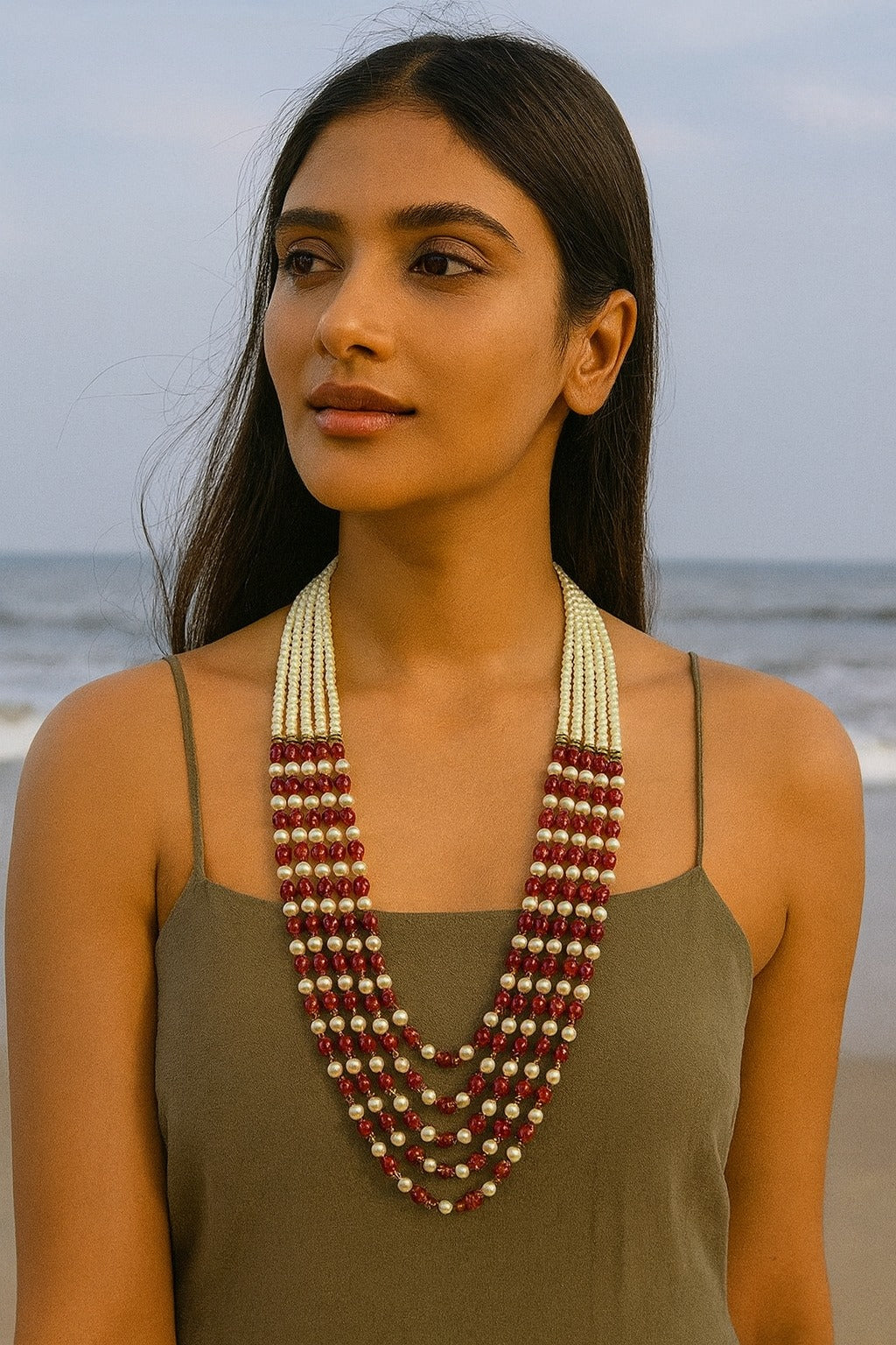 Elegant Red Bead and White Pearl Mala With Five Layer For women