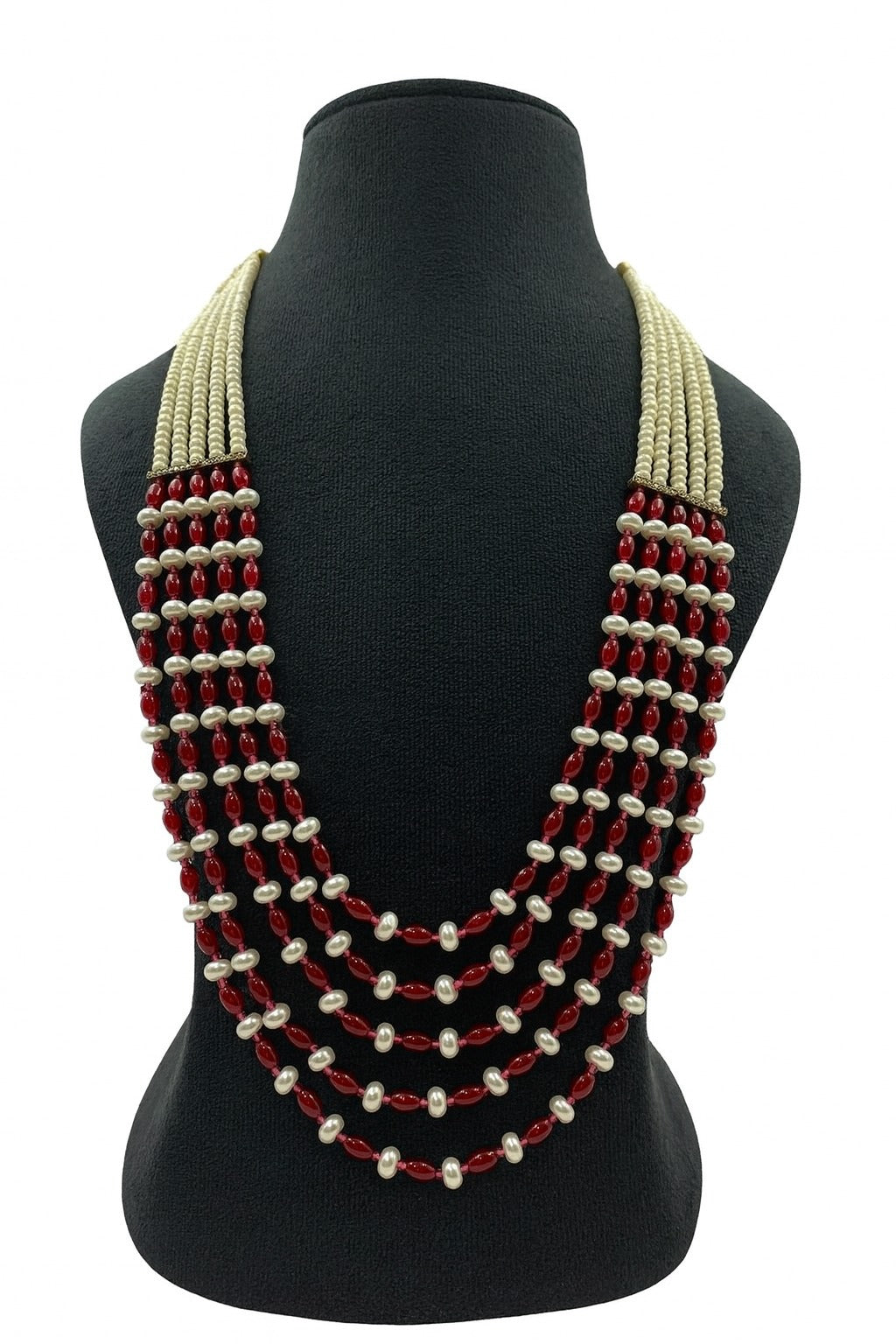 Elegant Red Bead and White Pearl Mala With Five Layer For women