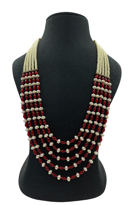 Elegant Red Bead and White Pearl Mala With Five Layer For women