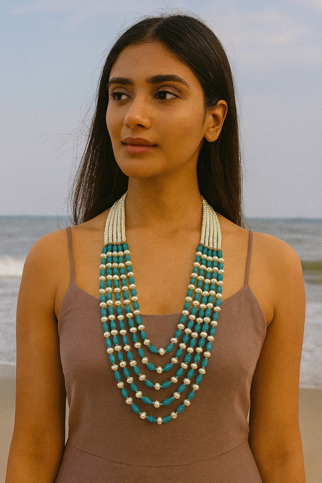 Elegant Blue Bead and White Pearl Mala With Five Layer For women