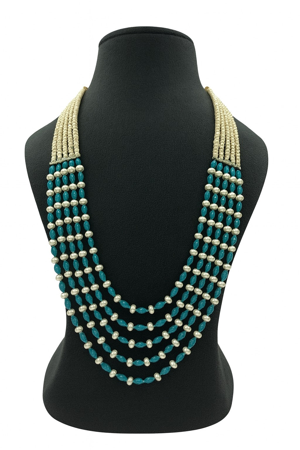 Elegant Blue Bead and White Pearl Mala With Five Layer For women