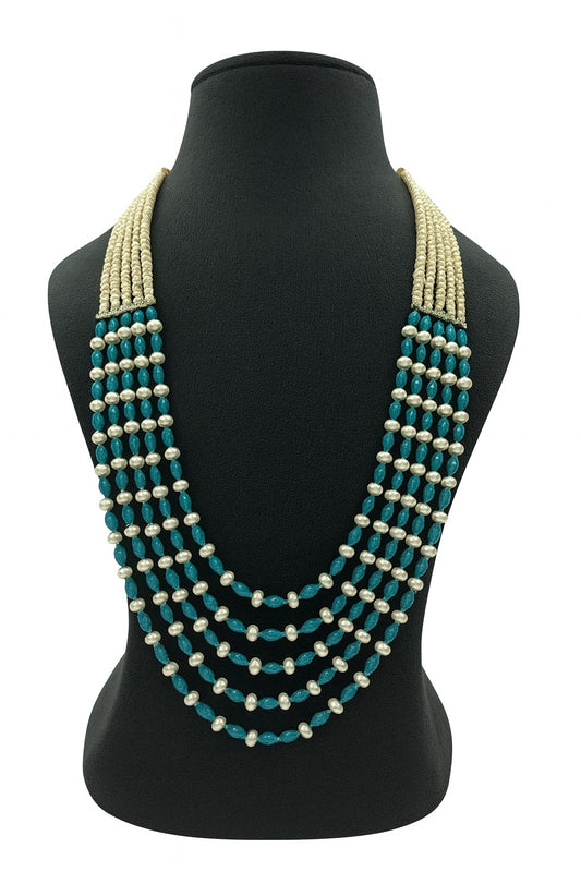 Elegant Blue Bead and White Pearl Mala With Five Layer For women