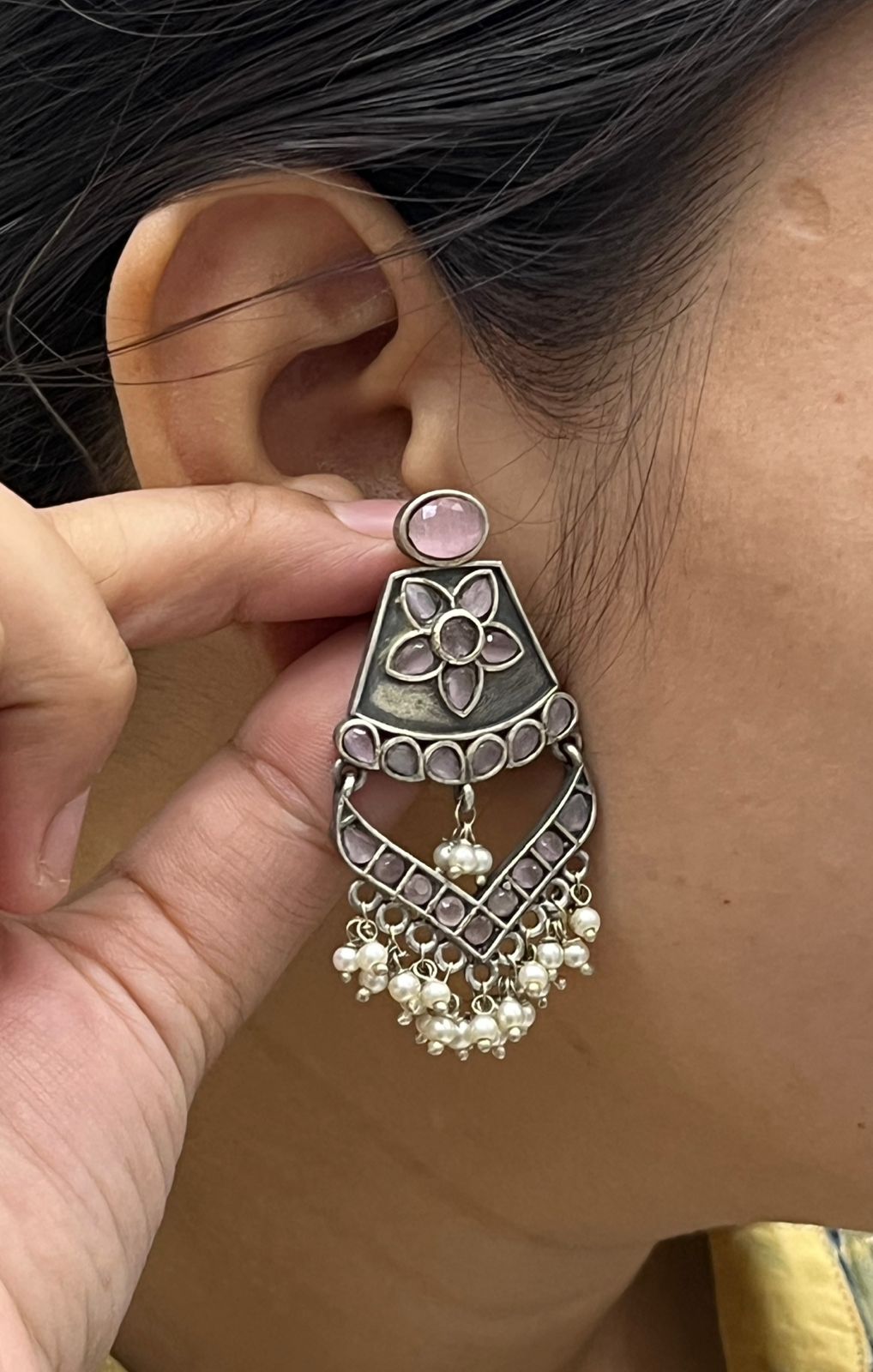 Antique Oxidized Statement with Pink Stone Floral Design & Pearl Danglers  Earrings
