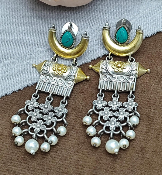 Oxidized Silver Statement Earrings with Turquoise Stone & Pearl Danglers