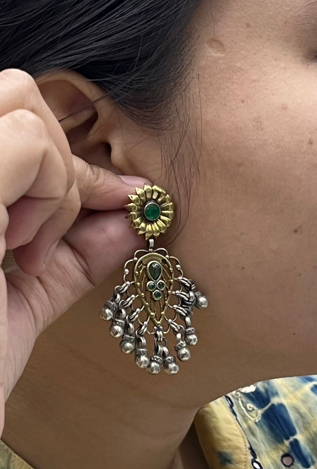 Antique Silver Oxidized Earrings with Floral Green Stud & Ghungroo Bells