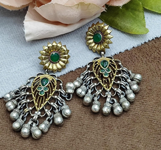 Antique Silver Oxidized Earrings with Floral Green Stud & Ghungroo Bells