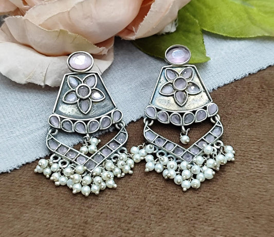 Antique Oxidized Statement with Pink Stone Floral Design & Pearl Danglers  Earrings