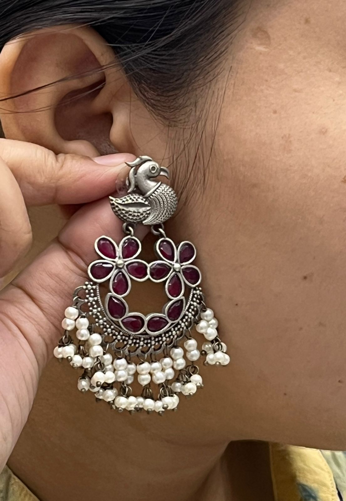 Oxidized Silver Earrings Pink stone with white pearl for Women