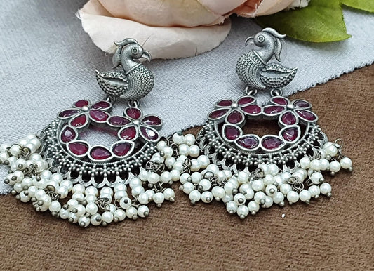 Oxidized Silver Earrings Pink stone with white pearl for Women