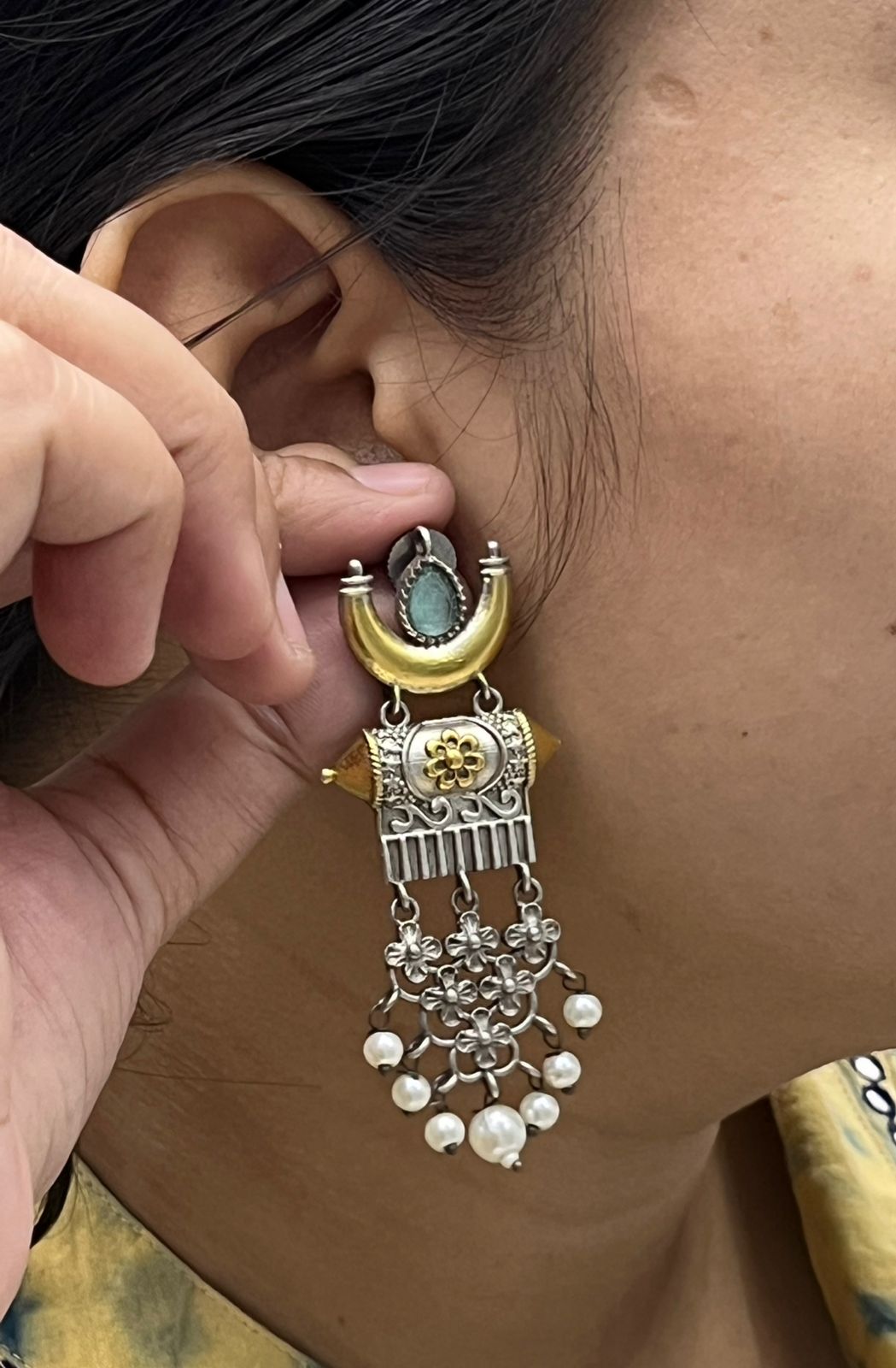 Oxidized Silver Statement Earrings with Mint Stone & Pearl Danglers