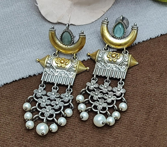 Oxidized Silver Statement Earrings with Mint Stone & Pearl Danglers