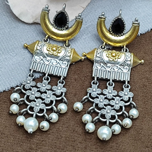 Oxidized Silver Statement Earrings with Black Stone & Pearl Danglers