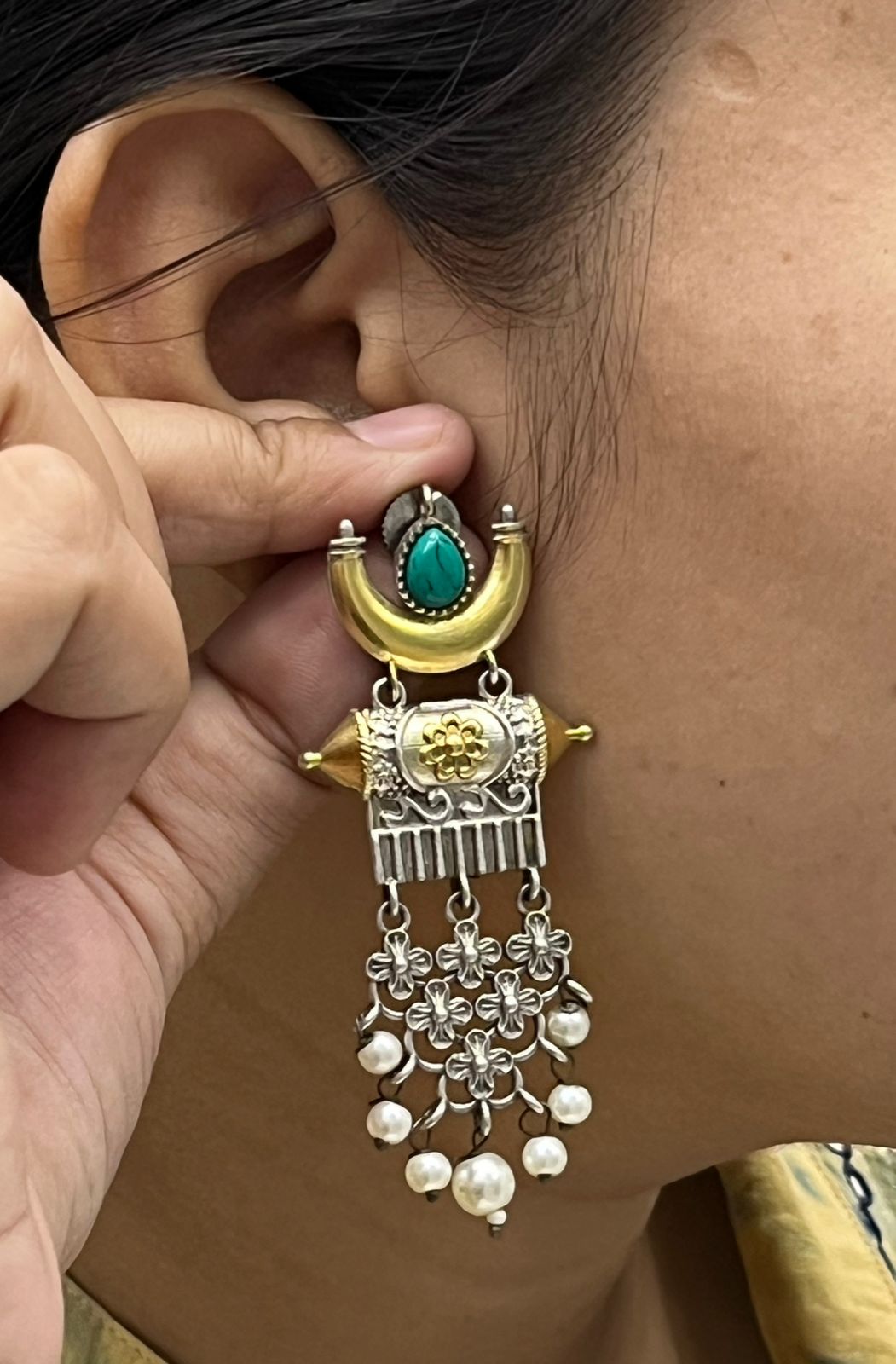Oxidized Silver Statement Earrings with Turquoise Stone & Pearl Danglers