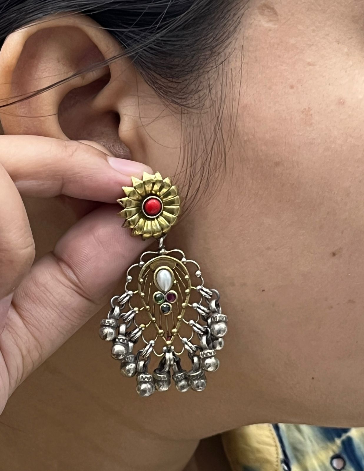 Antique Silver Oxidized Earrings with Floral Red Stud & Ghungroo Bells