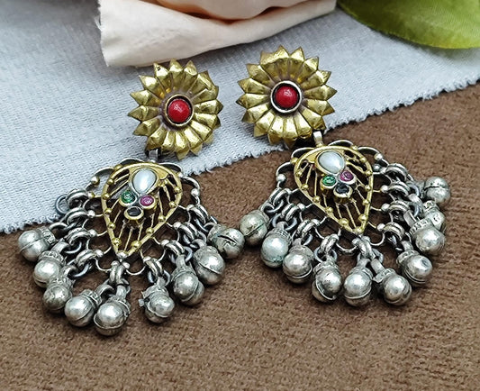 Antique Silver Oxidized Earrings with Floral Red Stud & Ghungroo Bells