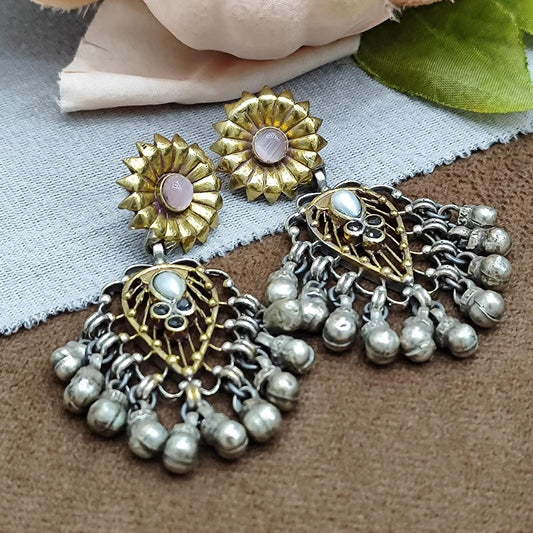 Antique Silver Oxidized Earrings with Floral Pink Stud & Ghungroo Bells