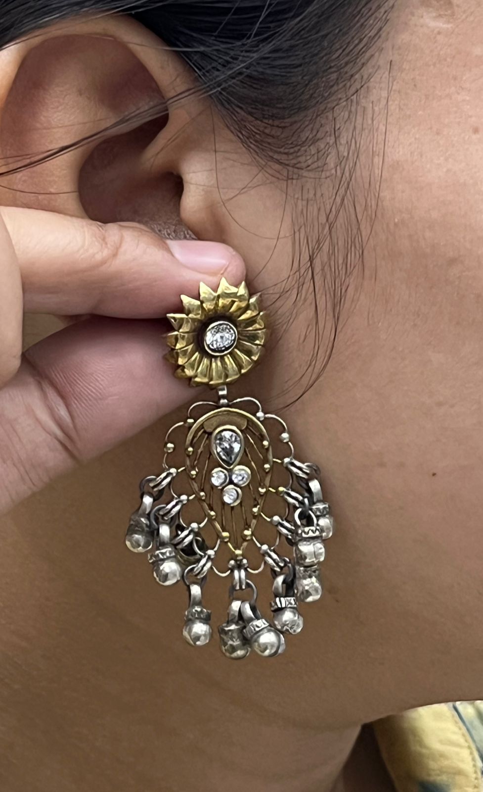 Antique Silver Oxidized Jhumka Earrings with Floral Stud & Ghungroo Bells