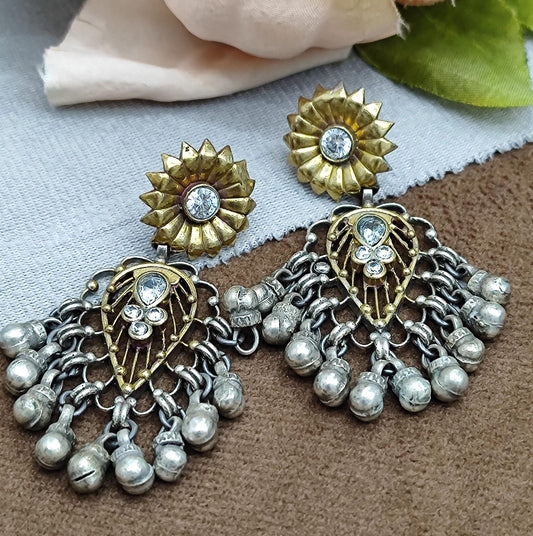 Antique Silver Oxidized Jhumka Earrings with Floral Stud & Ghungroo Bells