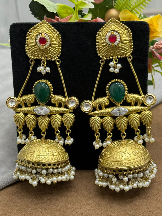 Traditional Gold-Plated Jhumka Earrings with Green Stone & Pearl Detailing