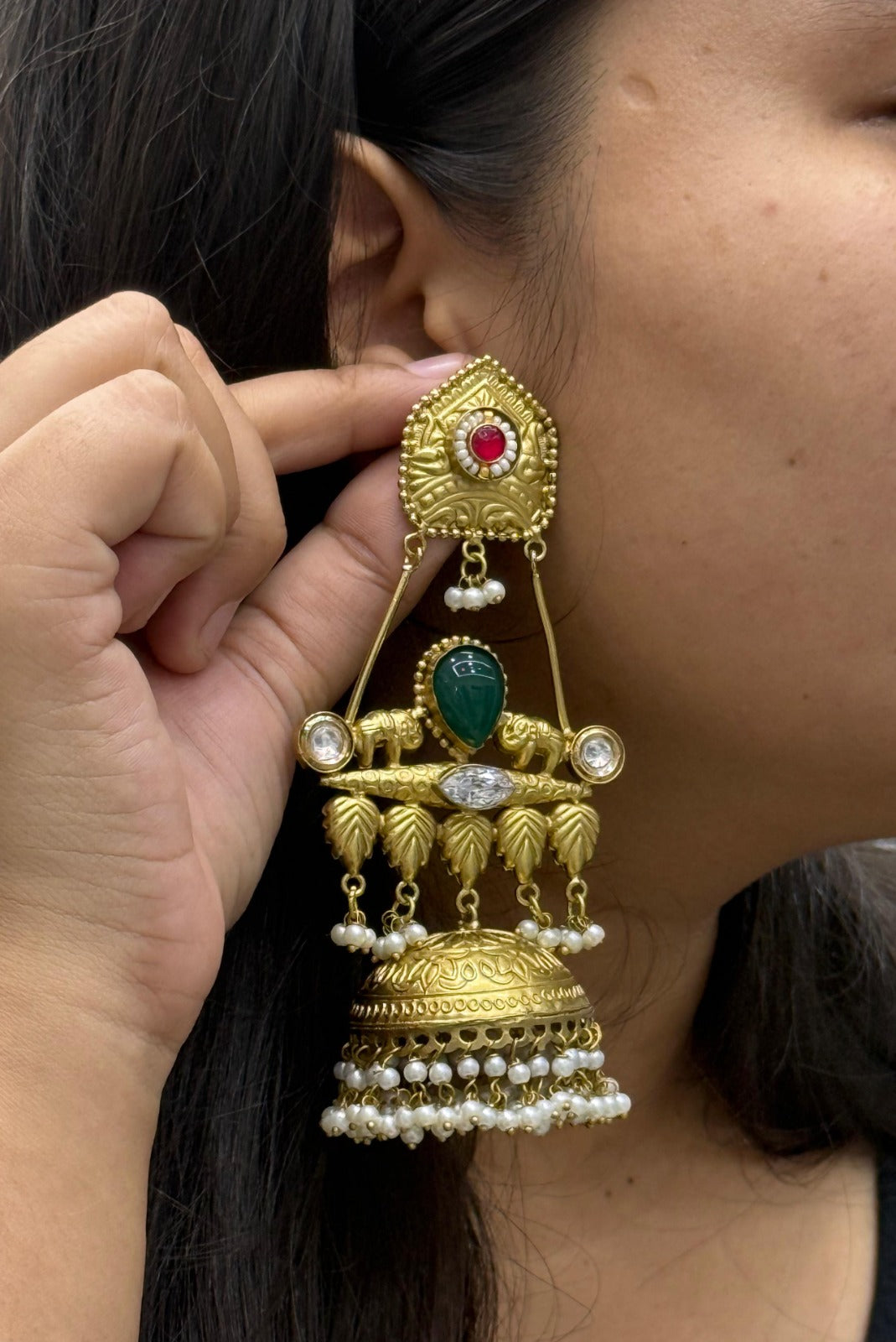 Traditional Gold-Plated Jhumka Earrings with Green Stone & Pearl Detailing