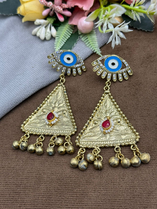 Unique Evil Eye Statement Earrings with Gold Triangle & Beaded Danglers