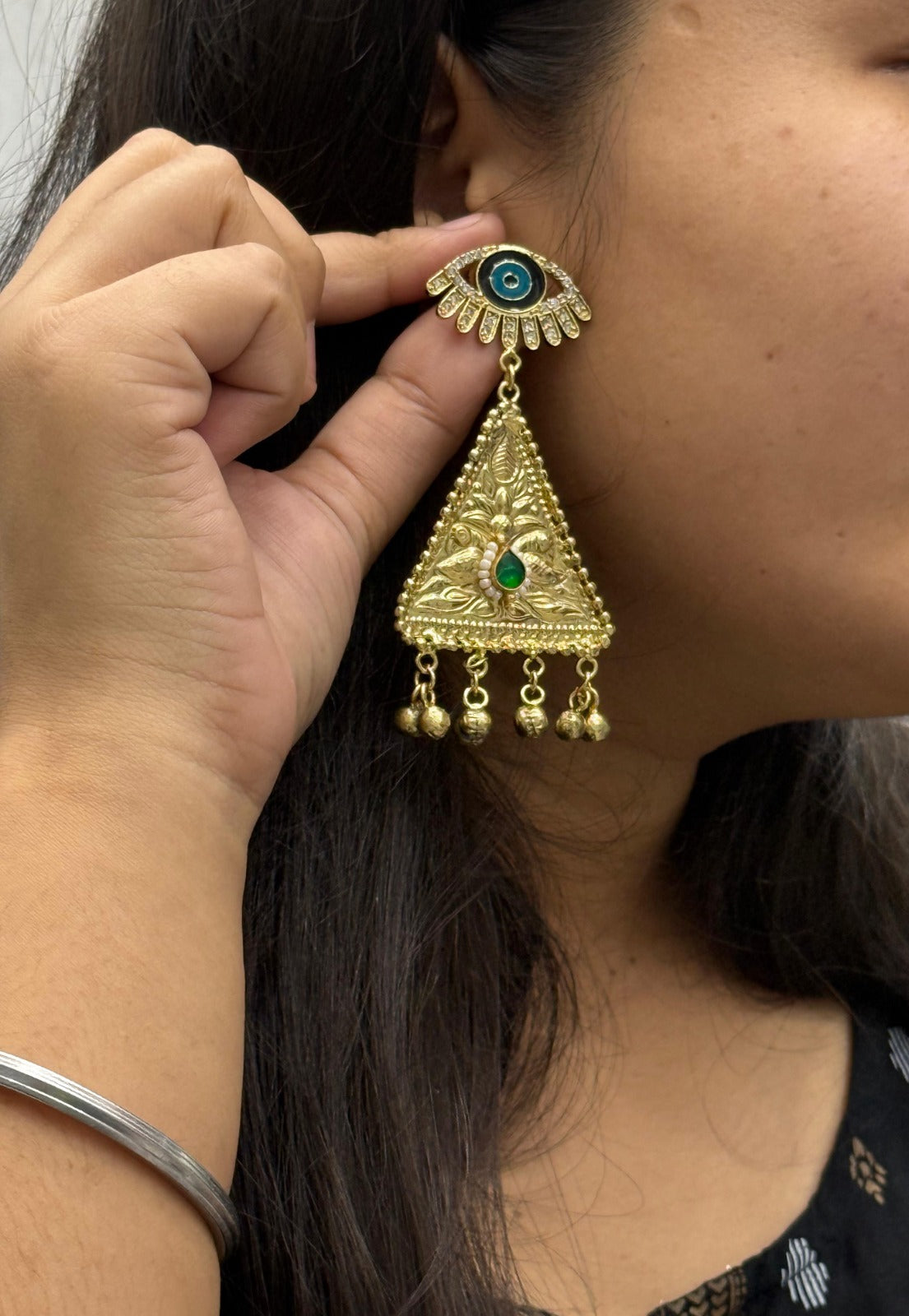 Unique Evil Eye Statement Earrings with Red Stone and Gold Triangle & Beaded Danglers