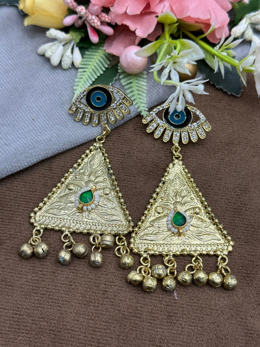 Unique Evil Eye Statement Earrings with Red Stone and Gold Triangle & Beaded Danglers
