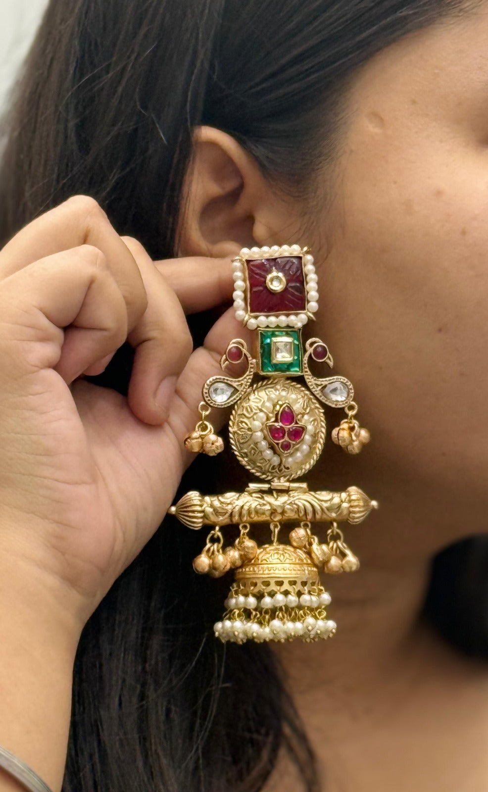 Gold-Plated Jhumka Earrings with Peacock Motif, Kundan & Pearls