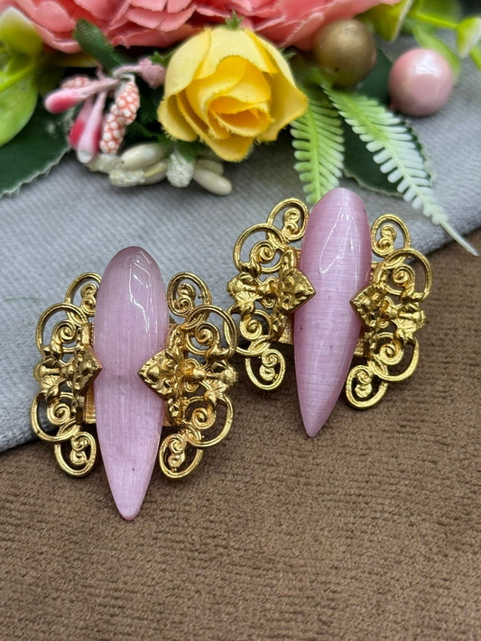 Elegant Pink Stone Earrings with Antique Gold Floral Design