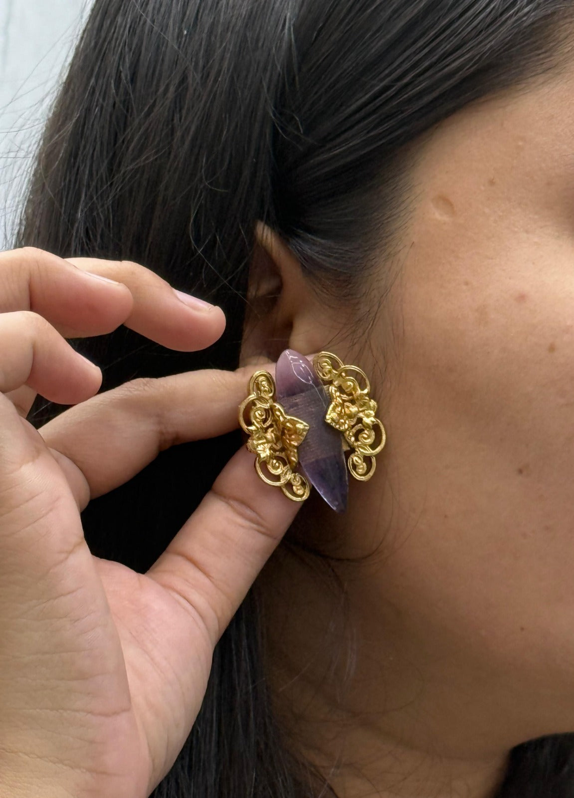 Elegant Purple Stone Earrings with Antique Gold Floral Design