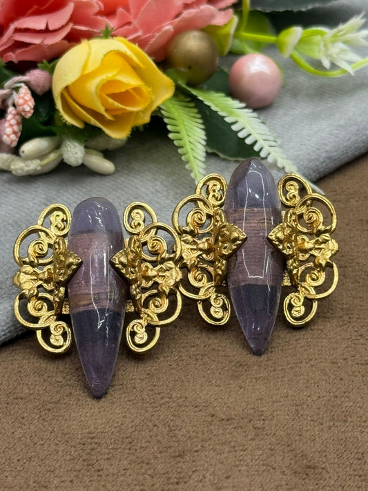Elegant Purple Stone Earrings with Antique Gold Floral Design