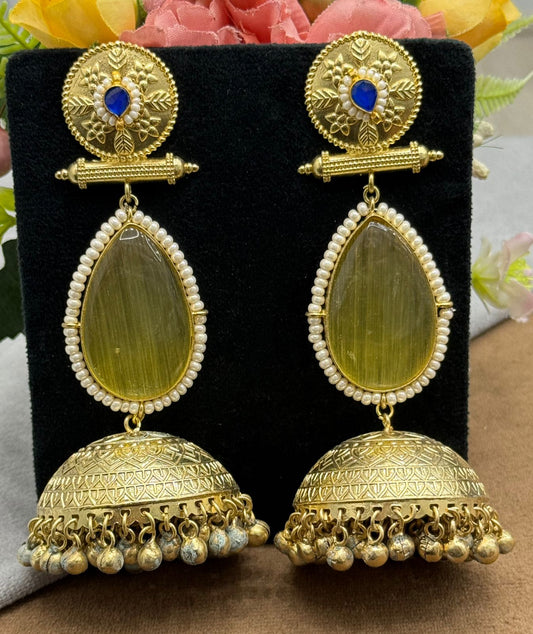 Gold-Plated Jhumka Earrings with Yellow Stone & Pearl Detailing