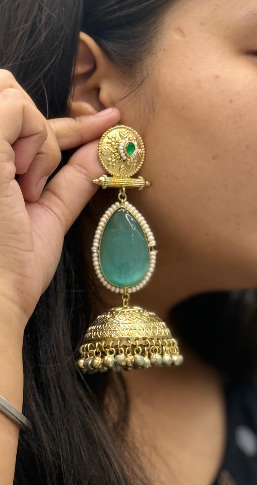 Gold-Plated Jhumka Earrings with Aqua Stone & Pearl Detailing