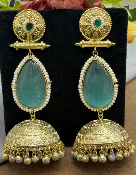 Gold-Plated Jhumka Earrings with Aqua Stone & Pearl Detailing