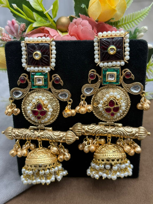 Gold-Plated Jhumka Earrings with Peacock Motif, Kundan & Pearls