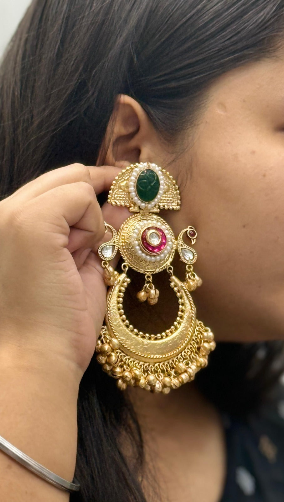 Designer Oversized Chandbali Earrings with Green Stone & Beaded Drops